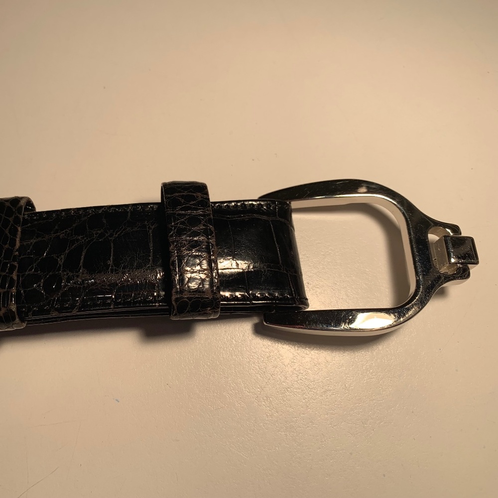 Black Aligator Belt, 42” x 1”, silver chrome buckle